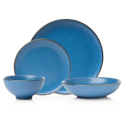 Fine Dinnerware|Godinger Beaumont Blue Stoneware Gold Rim 16 Piece Dinnerware Set, Service for 4