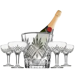 Ice Buckets|Wine & Champagne|Godinger Dublin Crystal 5 Piece Champagne Ice Bucket and Champagne Coupe Set