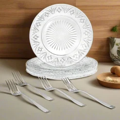 Dinner Plates|Dublin Dining|Godinger Dublin Crystal Dessert Plate & Dessert Fork, Set of 8