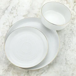 Fine Dinnerware|Godinger Linear Porcelain Gold Rim 12 Piece Dinnerware Set, Service For 4
