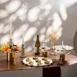 Cake Stands|Specialty Serving|Godinger Temari White & Gold Footed Cake Stand